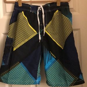 Blue Yellow & Turquoise Geometric Print Swim Trunk